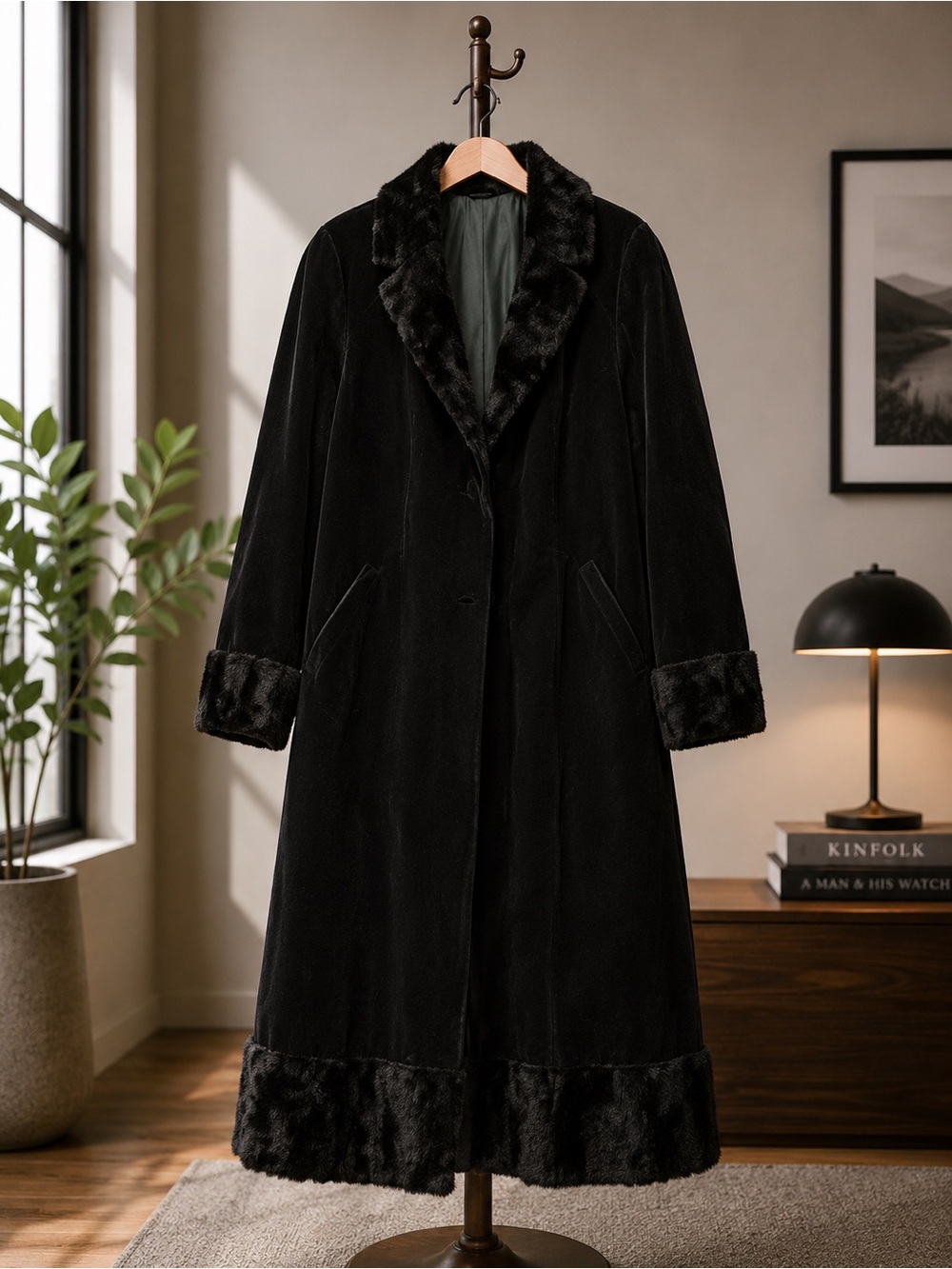 🖤 Elegant Black Velvet Long Coat Faux Fur Trim • Old Money Quiet Luxury • Goth